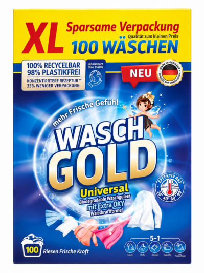 WaschGold Universal Waschpulver, 1 Karton mit 6 kg – Vorderseite