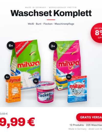 milwa Waschset KOMPLETT – 12 Produkte, 8% günstiger als einzeln, gratis Versand, Made in Germany